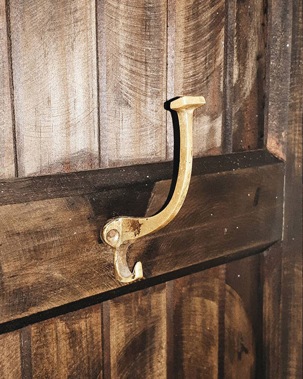 A double hook made of metal, brass, nailed to a door. Found on a private home in Valle de Bravo, Mexico, 2020.