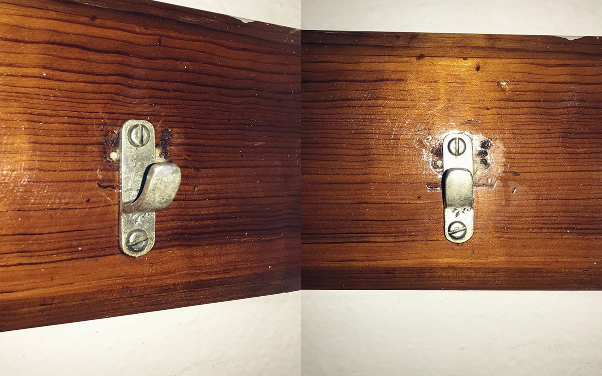 A single hook made of metal, brass, screwed to a piece of wood. Found at Club Mundet in Mexico City, Mexico, 2022.