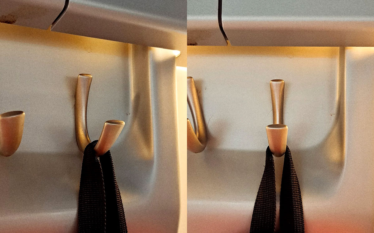 A single metal hook, nickel, screwed to a wall. Found on a train near Madrid, Spain, 2024.