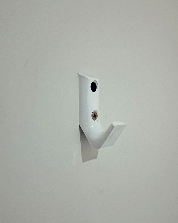 A single hook made of white plastic, screwed to a door. Found on a hotel in Lyon, France, 2024.