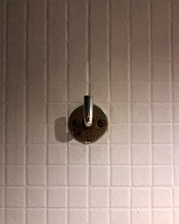 A single hook made of metal, chrome, screwed to a wall. Found on a bar in Barcelona, Spain, 2025.