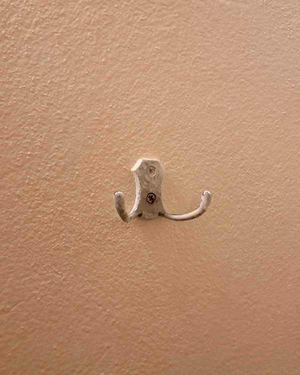 A double hook made of metal, chrome, screwed to a wall. Found on a restaurant in Mexico City, Mexico, 2026.