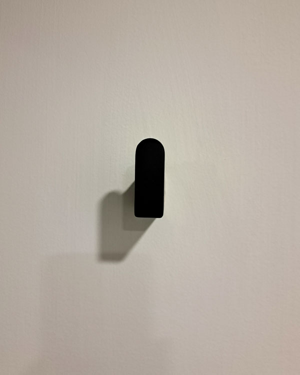 A single hook made of metal, black powder, fixed to a wall. Found on a private home in Mexico City, Mexico, 2026.