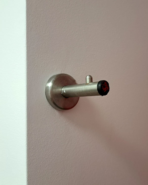 A single hook made of metal, nickel, fixed to a wall on a restaurant in Lyon, France, 2026.