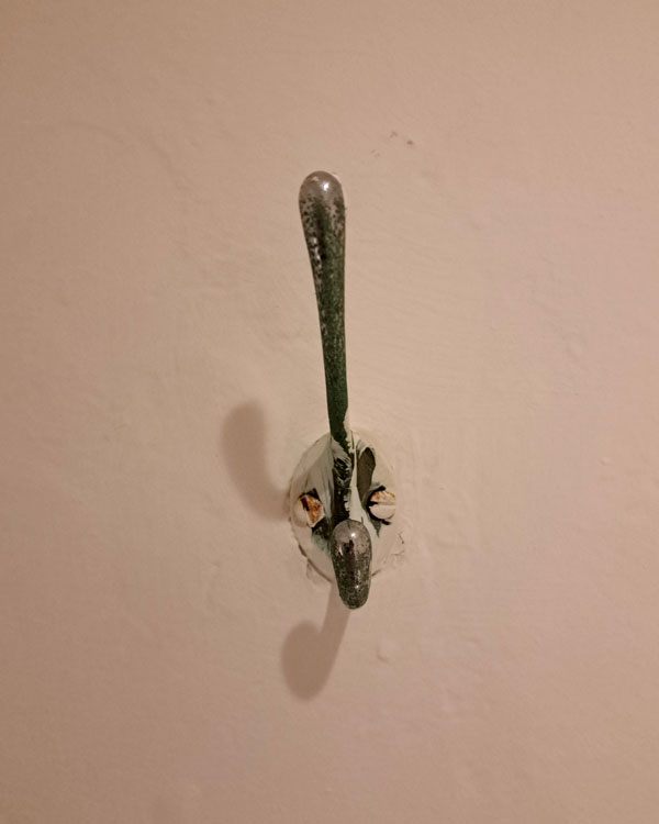 A double hook made of metal, chrome, screwed to a wall on a restaurant in Mexico City, Mexico, 2026.